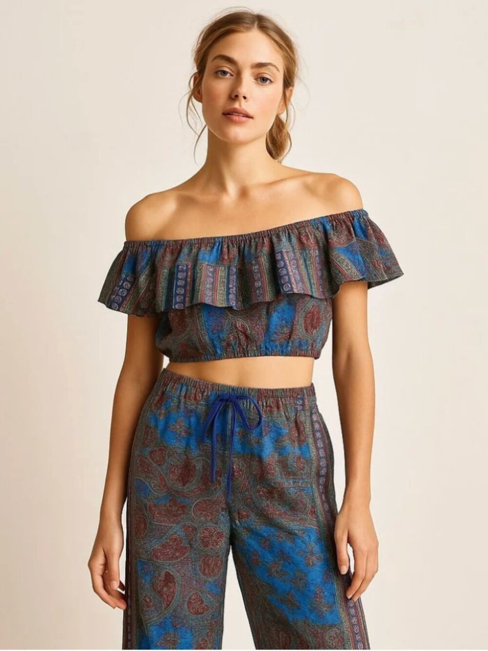 Cropped Paisley Off the Shoulder Ruffled Top & Wide Leg Cropped Pant Set